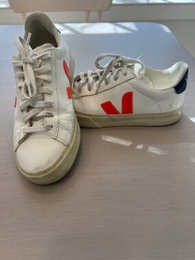 Veja White Sneakers with Orange V Accent and Navy Heel